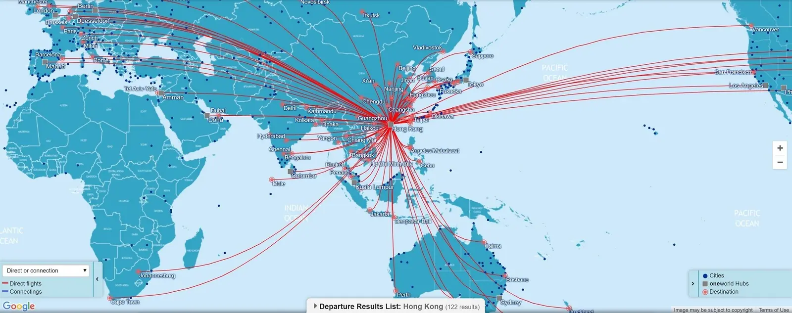 Direct OneWorld flights connecting Hong Kong