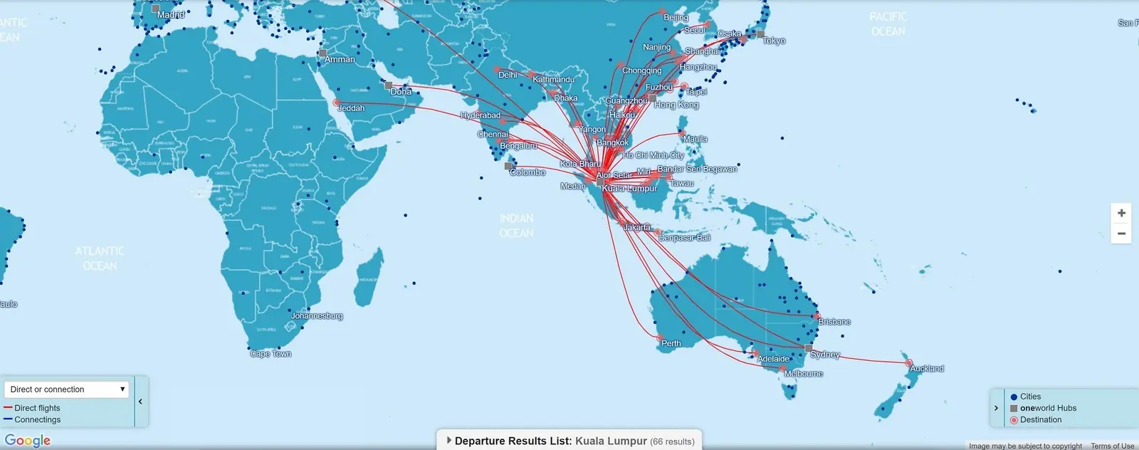 Direct OneWorld flights connecting Kuala Lumpur