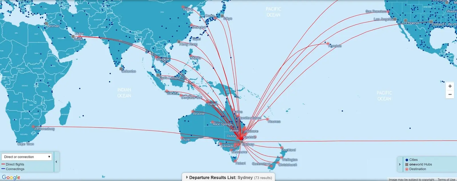 Direct OneWorld flights connecting Sydney