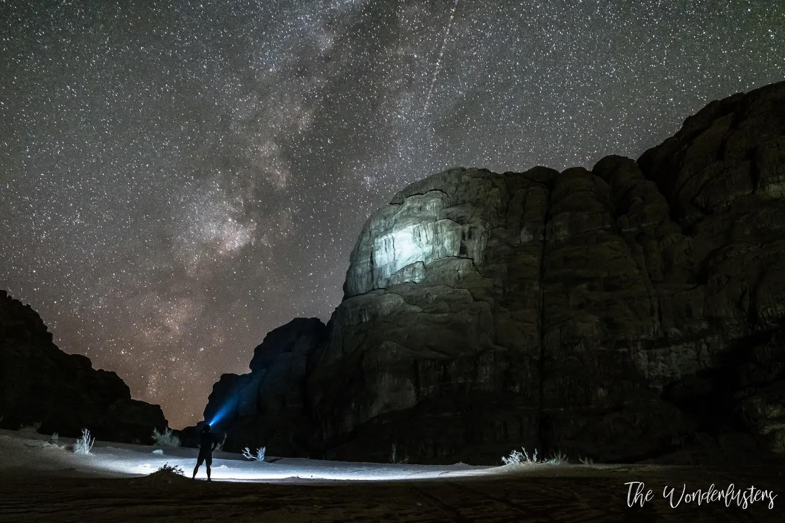 Starry night sky over the desert camp at Wadi Rum