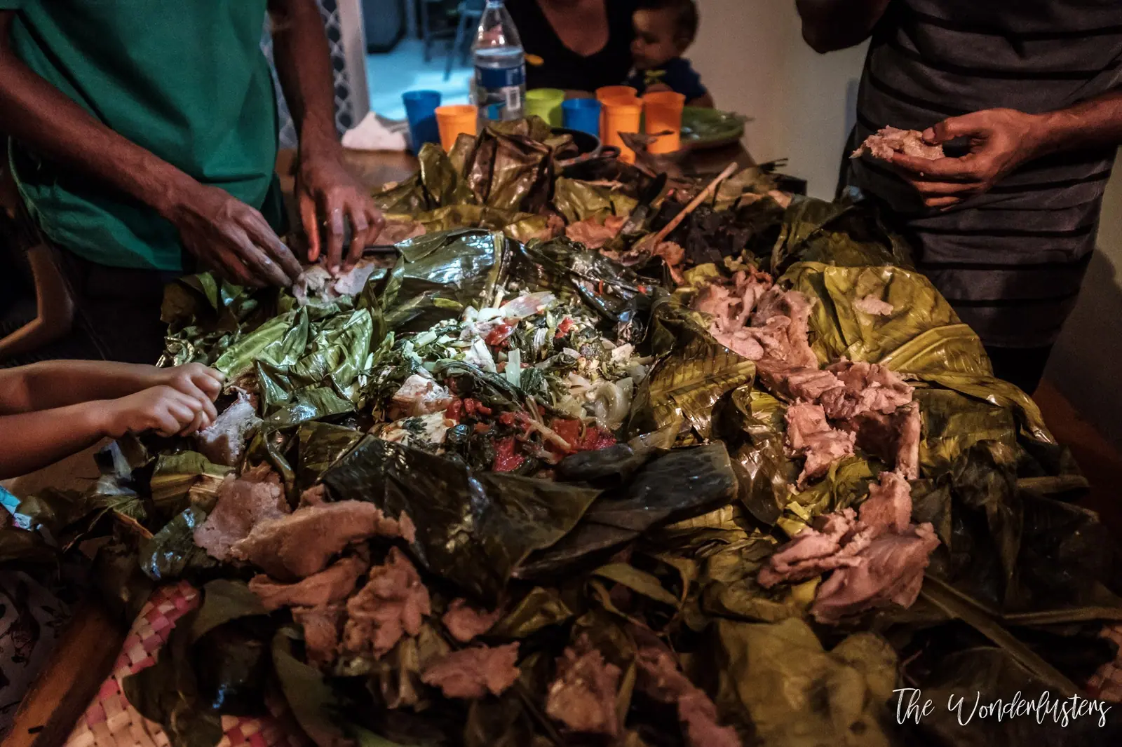 Lap lap, Vanuatu's national dish, opened on its banana leaves