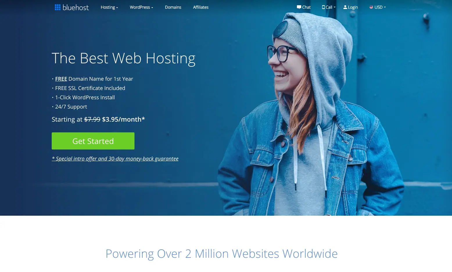 Bluehost home page with the Get Started button, in 2020