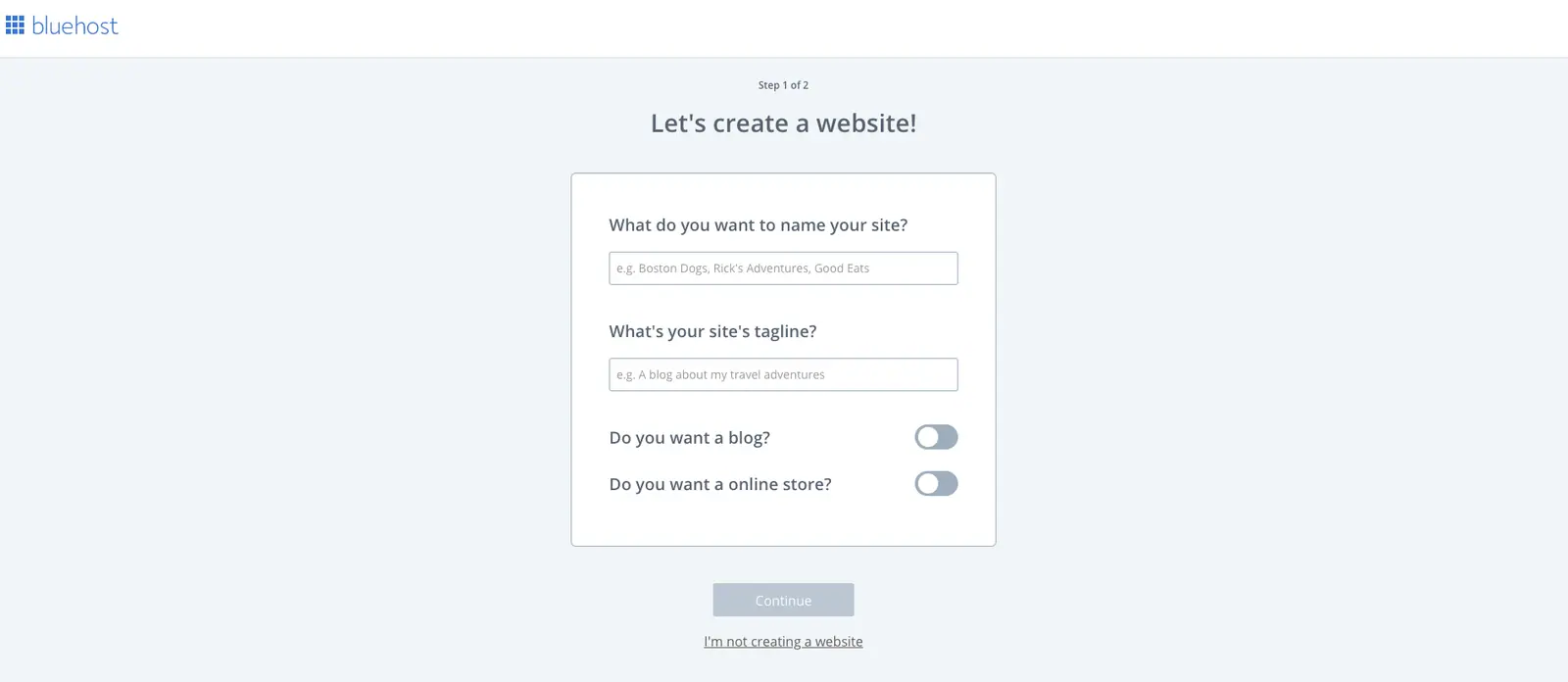 Naming the website during the WordPress installation at Bluehost