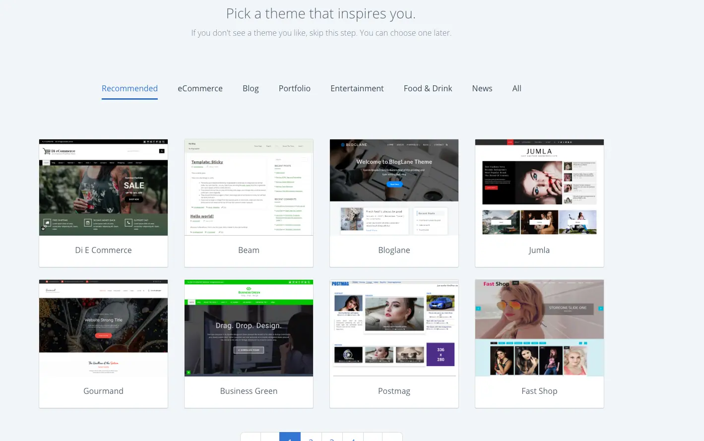 Choosing a free theme during the WordPress installation