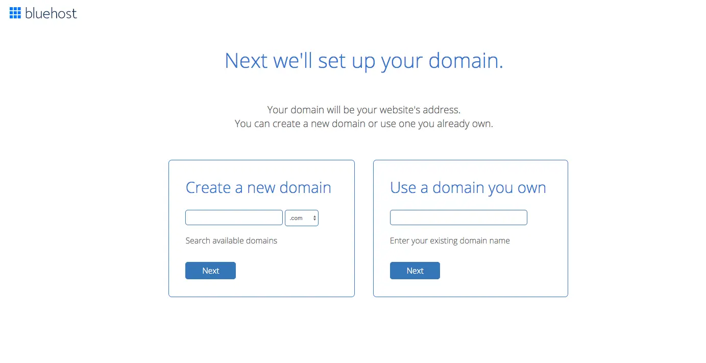 Bluehost domain name setup screen