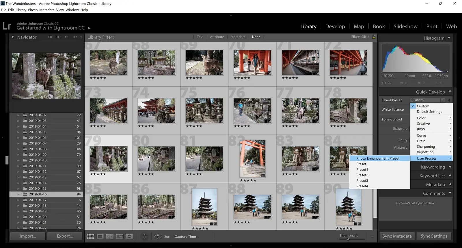Applying a preset to several photos in the Quick Develop panel