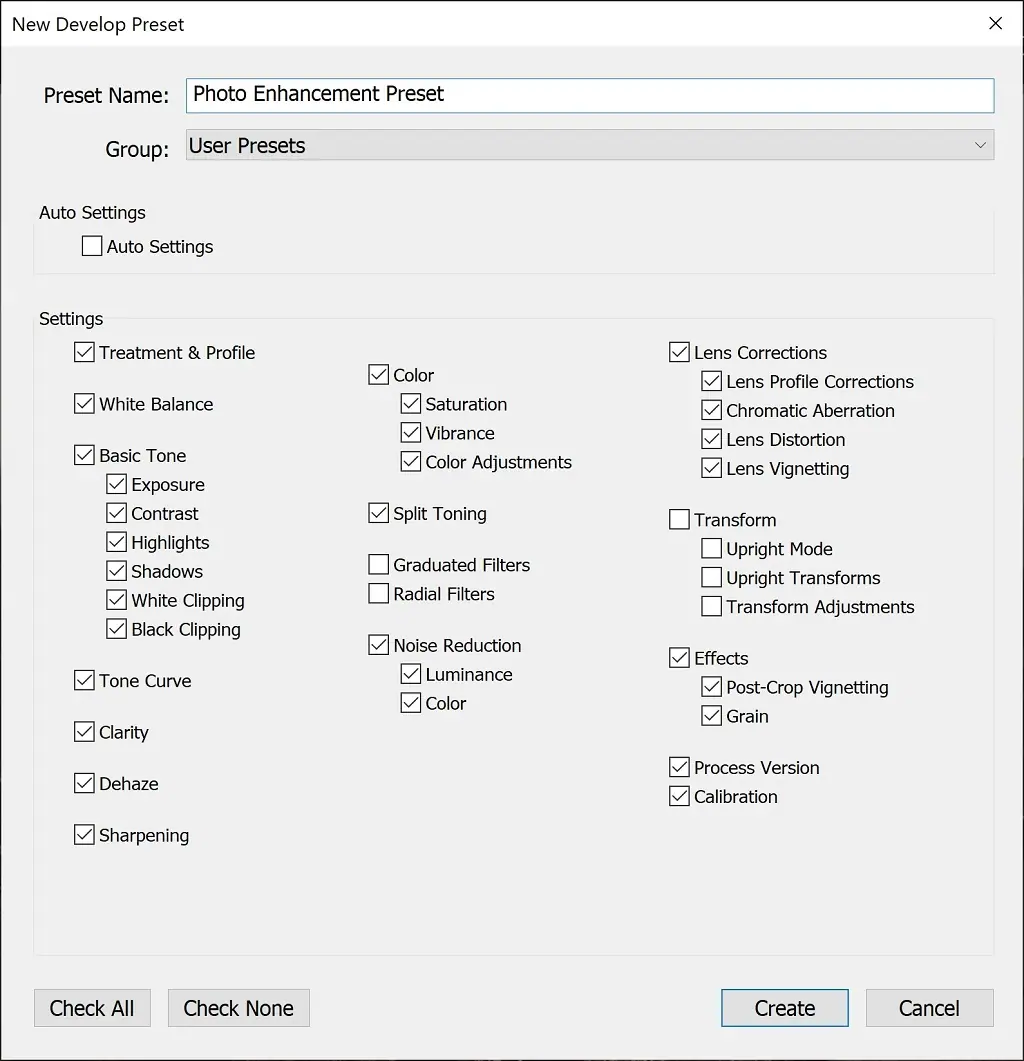 Creating a new Develop preset in Lightroom