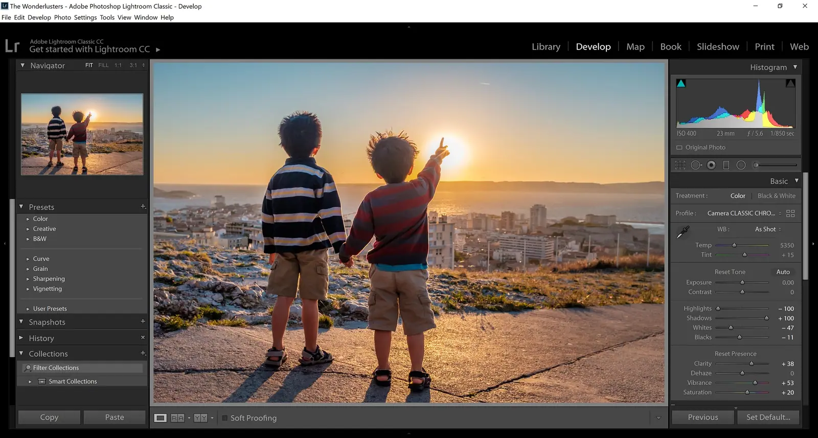 Before and after lowering highlights and raising shadows in Lightroom
