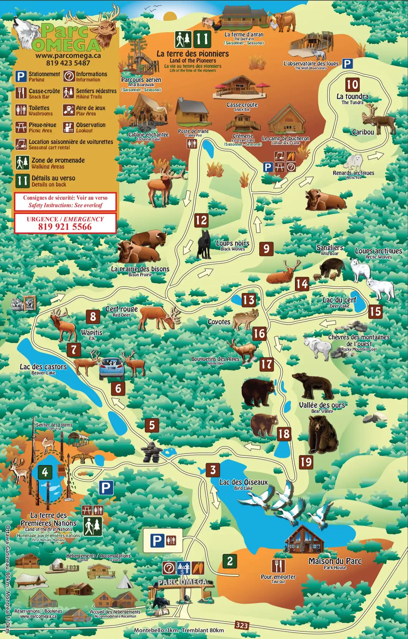 Omega Park site map with the car trail and stops