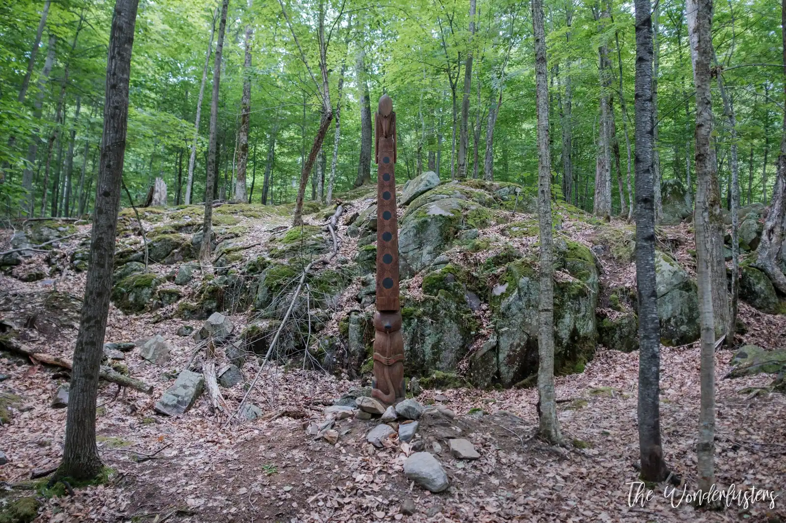 Totem poles along the First Nations Trail at Omega Park